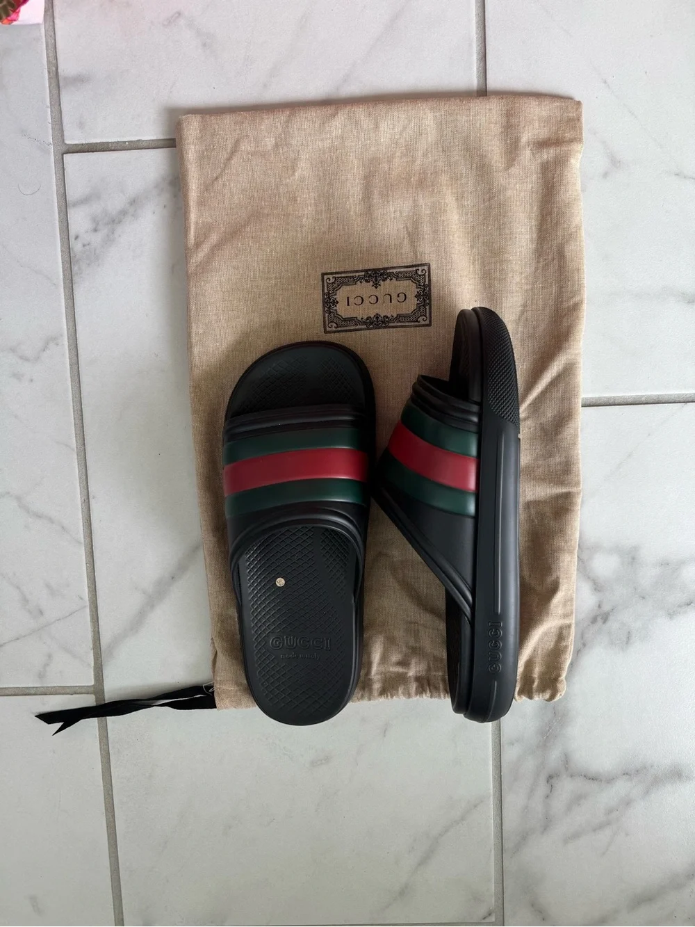 Gucci Black Slides with Red and Green Stripes